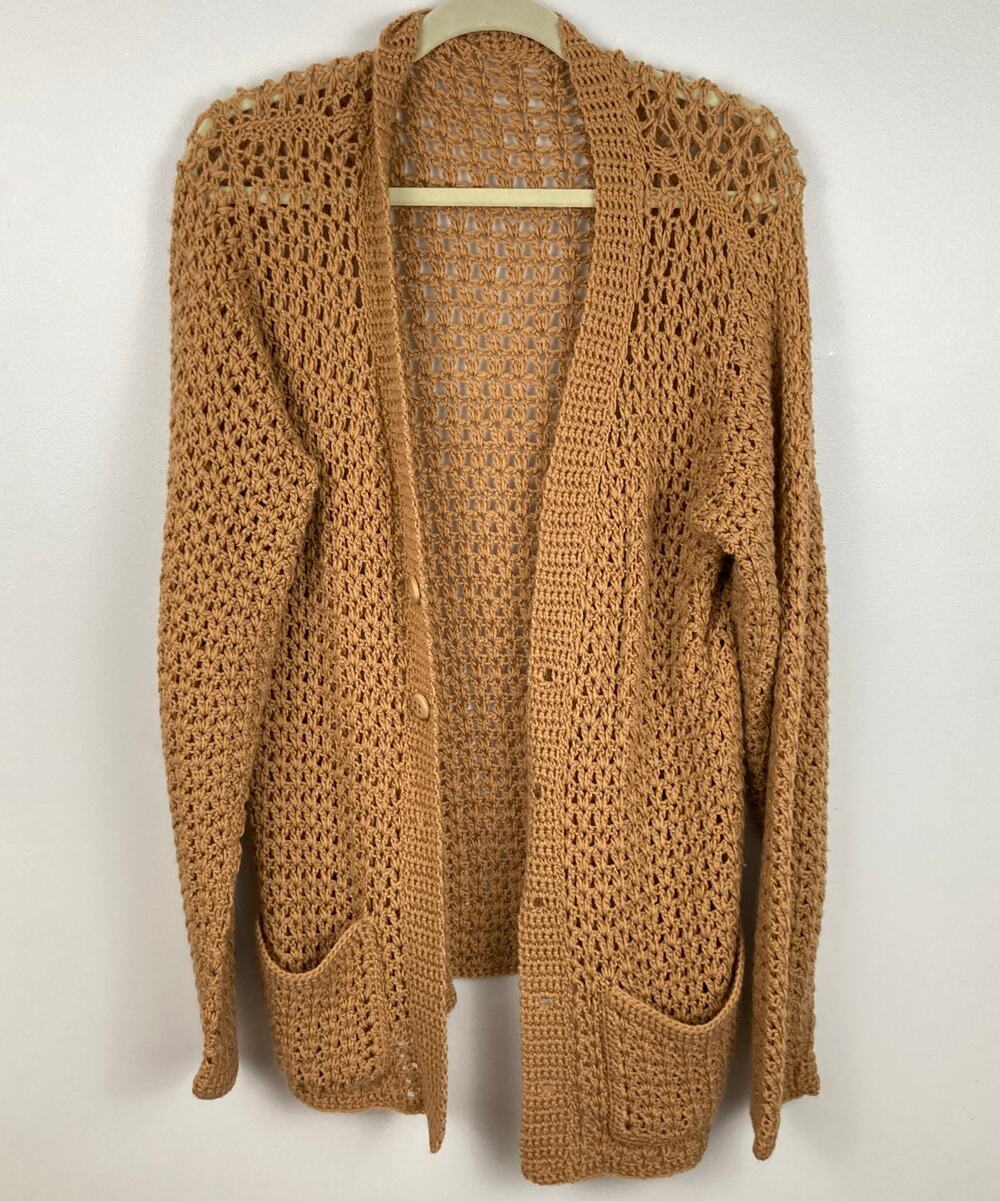 Handmade Womens L Long Tan Crochet Open Knit Oversized Cardigan Boho Granola
